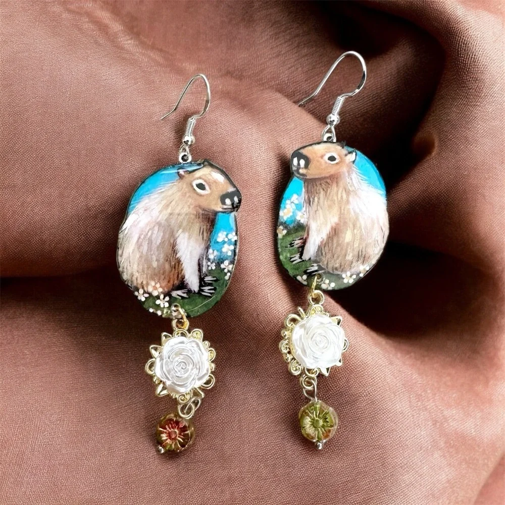 Capybara handpainted earrings w dangle white flower charm OOAK - Picture 3 of 6